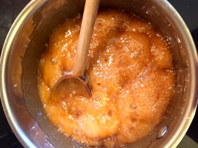 Cooking the caramel for Oven Baked Caramel French Toast