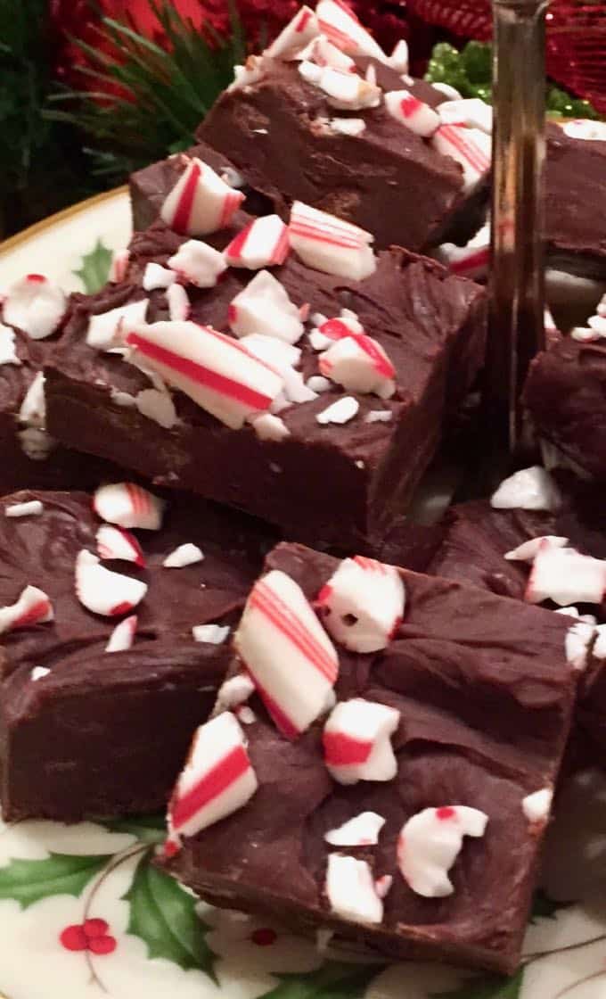Easy Chocolate Fudge with peppermint candy on top