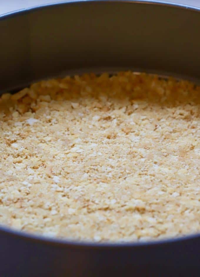 Ritz Cracker crust in a springform pan for Savory Havarti and Sun-Dried Tomato Cheesecake.