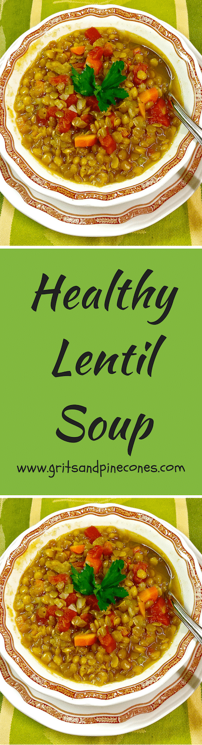 Full of veggies & protein packed lentils, this delicious soup is low in calories and full of vitamins, plus iron, folate, and fiber.