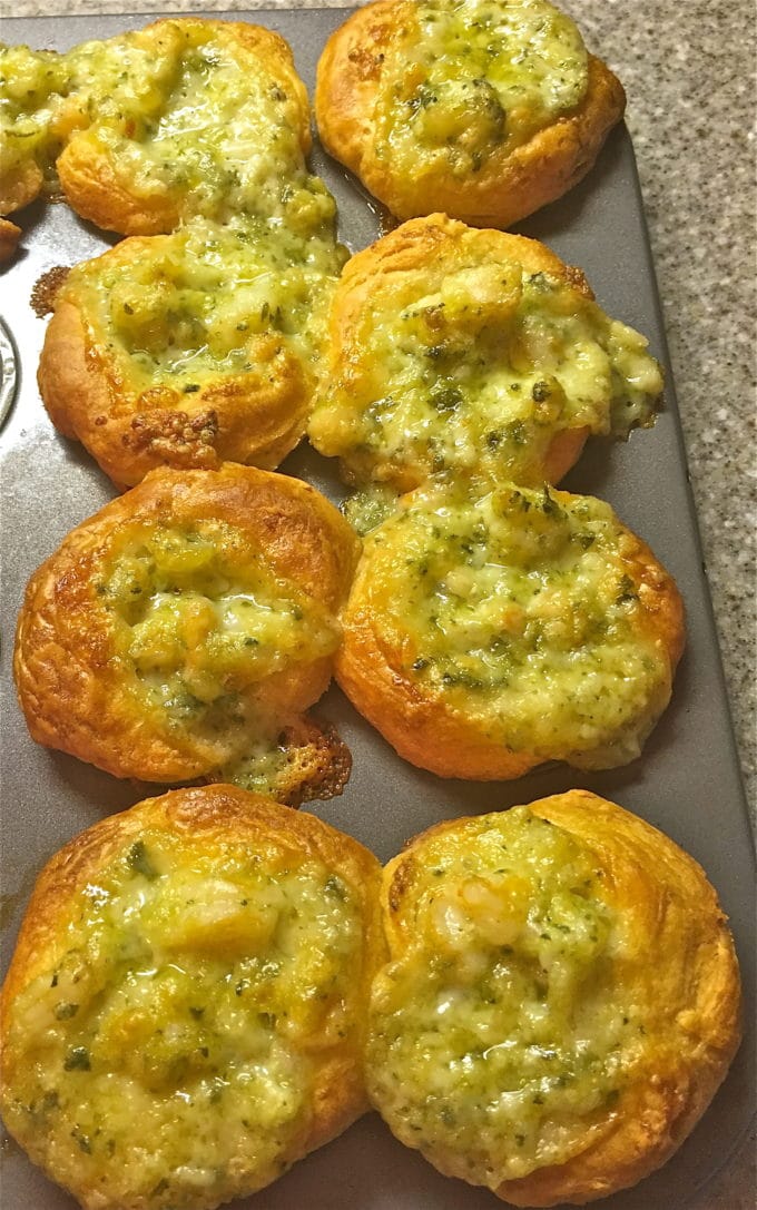 Shrimp Puff Appetizers in a muffin tin hot out of the oven. 