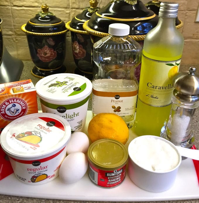 Southern Style Limoncello Cake ingredients including lemon, eggs, and baking powder.