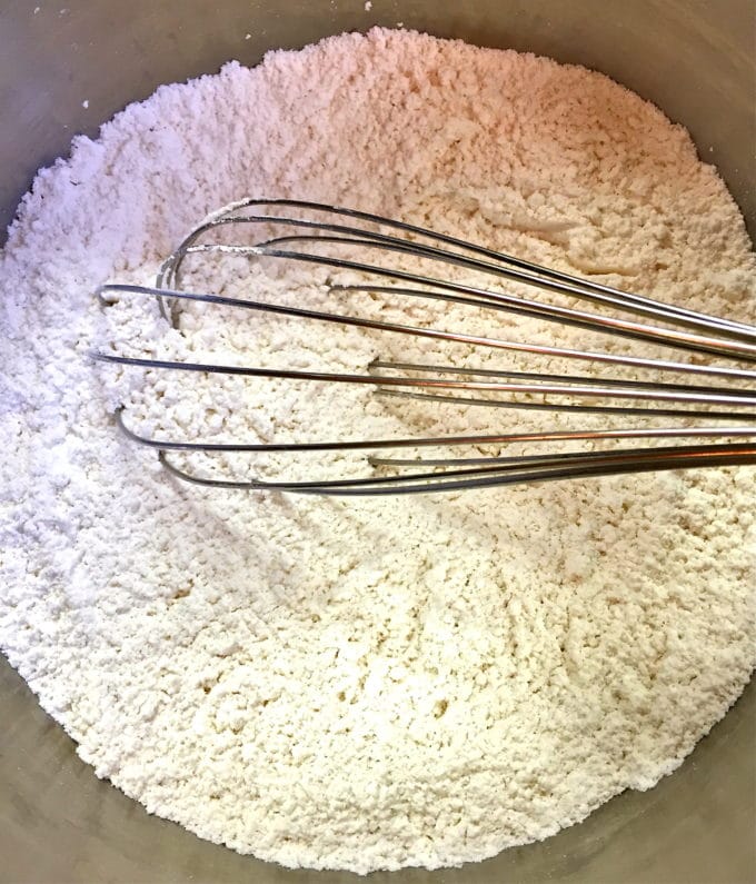 In a large bowl are the dry ingredients mixed with a whisk.