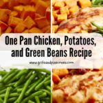 Pinterest pin with sweet potatoes, green beans and BBQ chicken on a sheet pan.