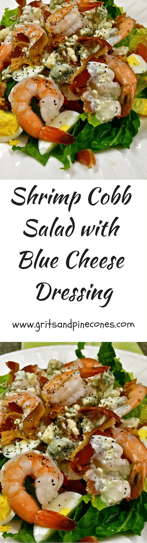 Shrimp Cobb Salad with Blue Cheese Dressing is full of shrimp, bacon, hard-boiled eggs, tomatoes, romaine lettuce and homemade blue cheese dressing.