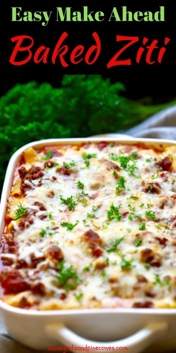 Your entire family will love this delicious, hearty Easy Make-Ahead Baked Ziti! This freezer-friendly recipe includes ziti pasta, ricotta cheese, parmesan and mozzarella cheeses, Italian sausage, hamburger meat, and a chunky tomato sauce and is a comfort food bonanza!