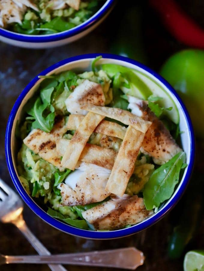 Grilled Fish Taco Bowl topped with Green Apple Guacamole