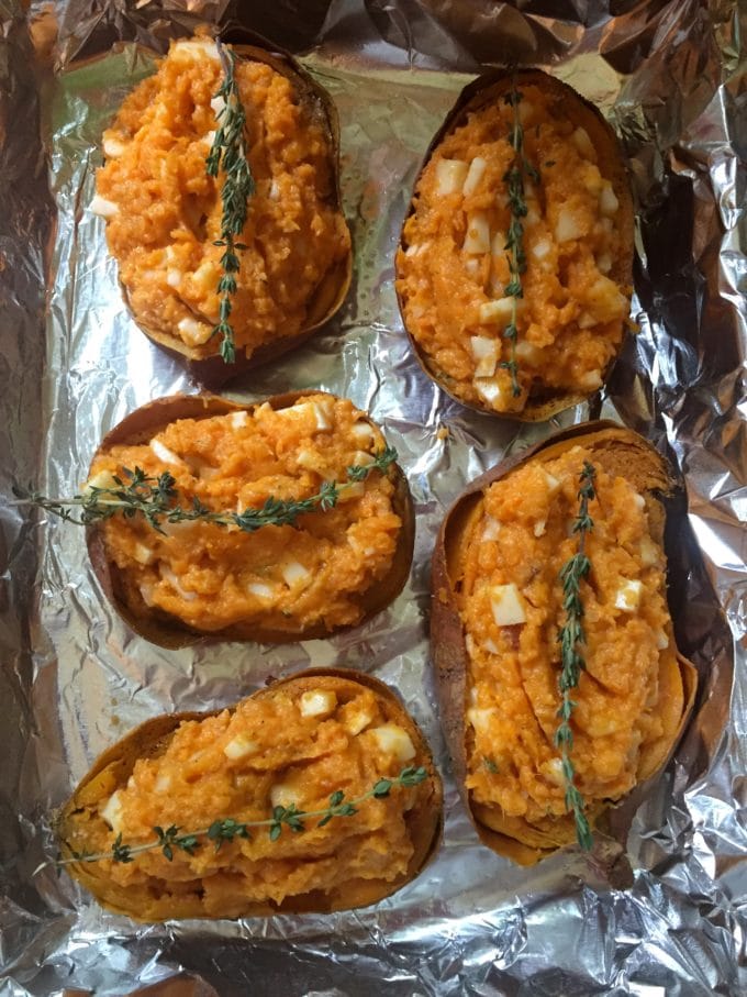 Easy Twice Baked Sweet Potatoes ready for the oven