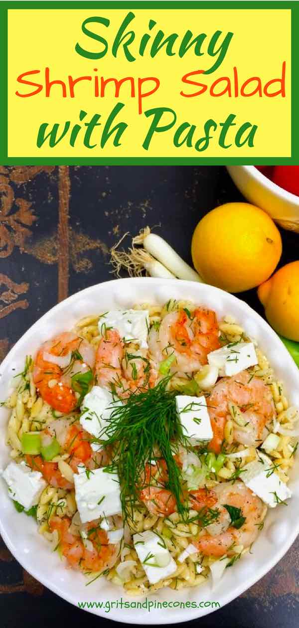 Easy Shrimp Salad with Pasta is tender, juicy, roasted shrimp, tossed with orzo pasta, fresh dill, parsley, scallions, and a yummy lemony vinaigrette dressing, and then topped with tangy feta cheese. It will knock your socks off! This cold, healthy, shrimp, orzo, feta recipe is the stuff dreams are made of! #shrimpsalad, #roastedshrimp, #healthyshrimprecipes, #shrimprecipes, #easyshrimpsalad