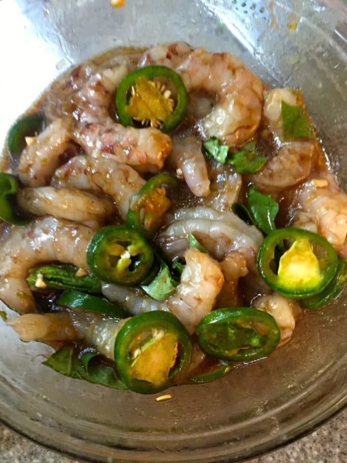 Shrimp marinating for Spicy Coconut and Lime Grilled Shrimp