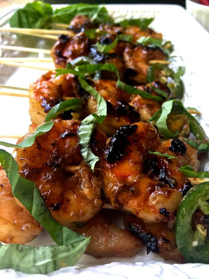 Spicy Coconut and Lime Grilled Shrimp on skewers