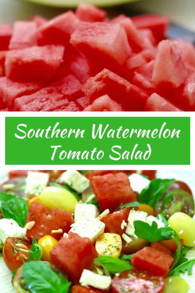 Full of summer's bounty with fresh juicy sweet watermelon, wonderful summer tomatoes and tangy feta cheese, this delightfully quick and easy Southern Watermelon Tomato Salad is ideal for your summer cookouts, BBQs, potlucks, and weeknight meals. It's the perfect summer side salad for any occasion. #watermelon, #watermelonrecipes, #watermelonsalad