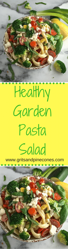 Garden Pasta Salad is loaded with all things good for you like squash, zucchini, carrots, edamame, scallions, broccoli, and cherry tomatoes and it's delicious!