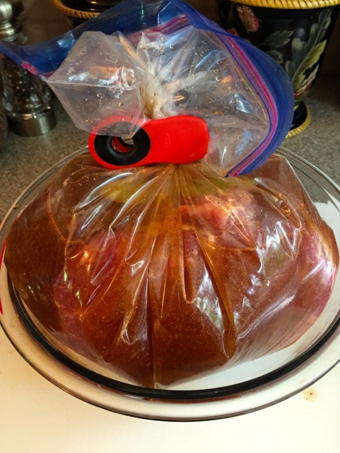 Brining the pork for Pulled Pork Sandwiches with Balsamic Barbecue Sauce