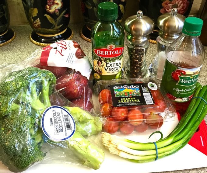 Potato Broccoli Salad with Vinaigrette Ingredients including broccoli, potatoes, cherry tomatoes, vinegar and olive oil