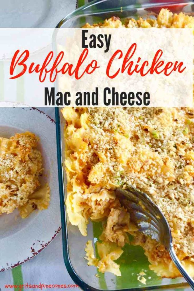 This quick and easy oven-baked, creamy Buffalo Chicken Mac and Cheese casserole recipe is deliciously spicy, simple to make, and the ultimate comfort food! It makes the perfect side dish and its a great dish for a game-day party. #party, #gameday, #dinner, #dinnerrecipes, #easydinner, #comfortfood, #sidedish, #sundaysupper, #casserole