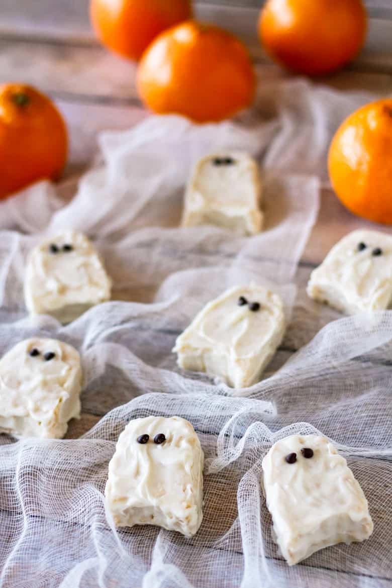 Ghosts shaped Rice Krispie Treats.