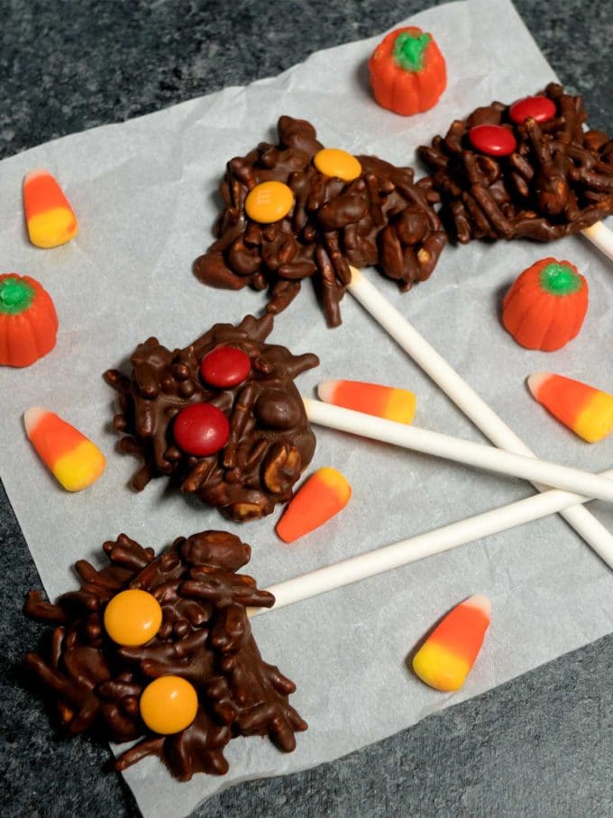 Halloween Spooky Spider Pops which are chocolate haystack cookies with M&Ms for eyes. 