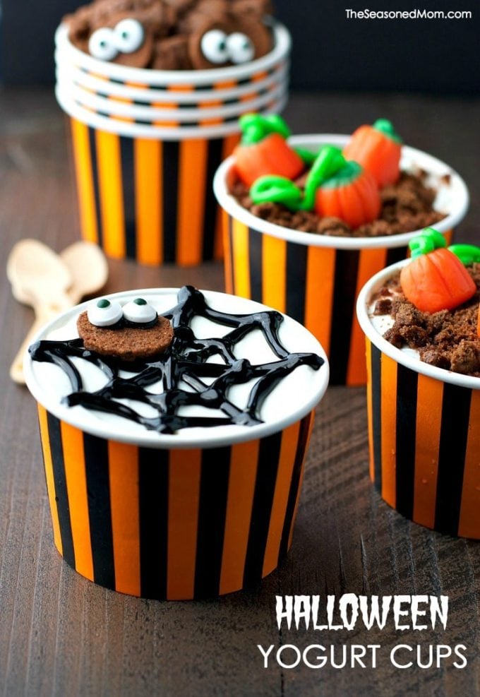 Halloween Yogurt Cups with candy pumpkins