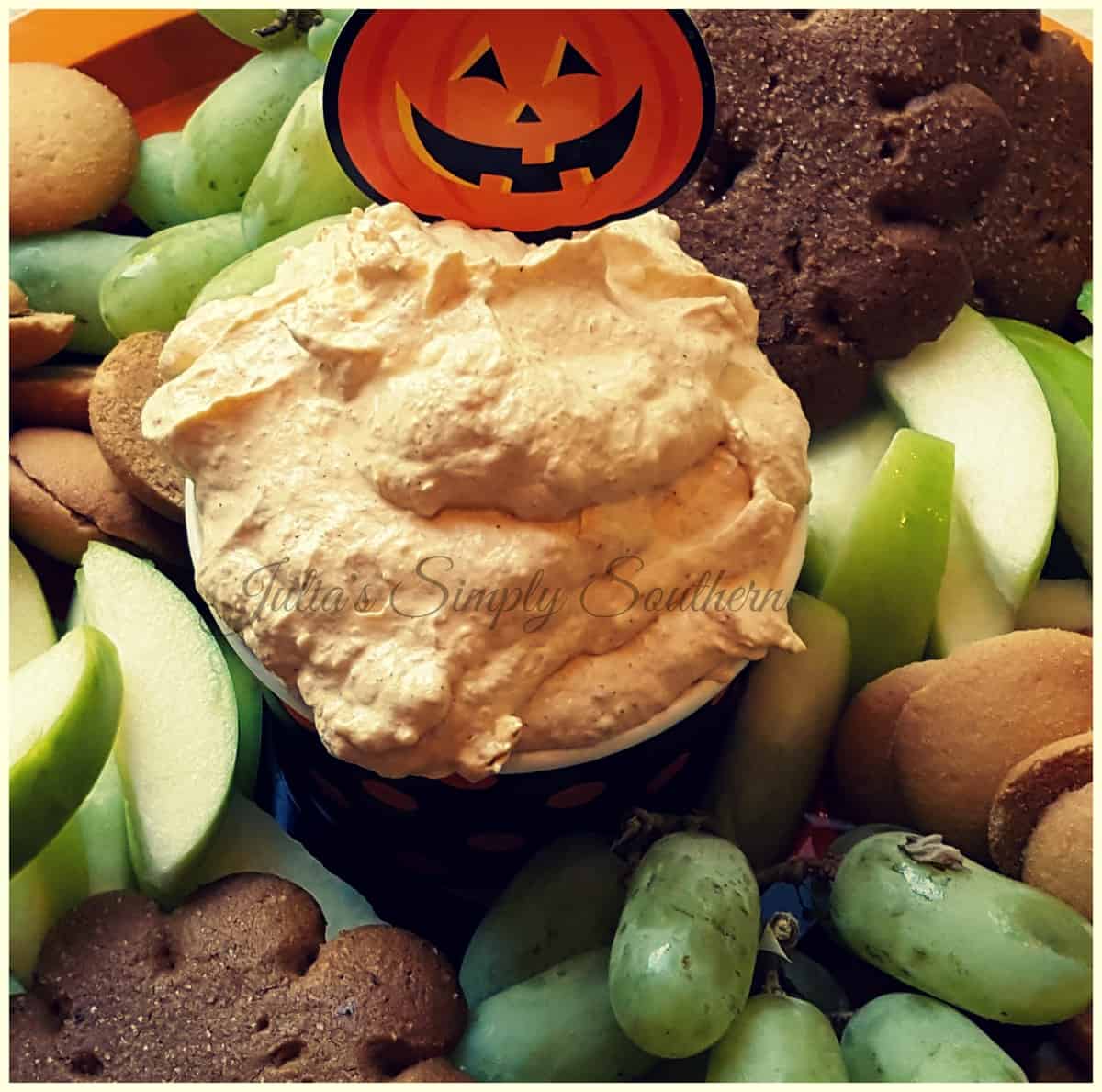 A bowl of pumpkin fluff a Halloween party dip.