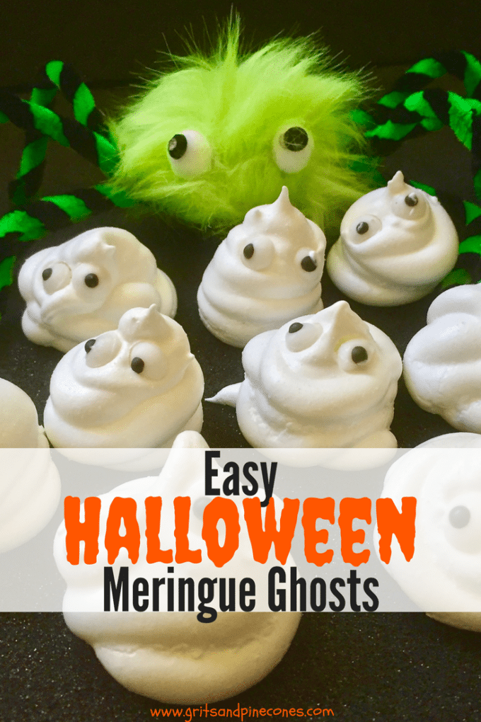 Scare up some smiles with this easy Halloween recipe for Halloween Meringue Ghosts! I'll show you there is no trick to making creepy and fun Halloween treats that both adults and kids will love. This is a great food idea for a party too! #halloween, #halloweenfood, #halloweenparty, #halloweenrecipes, #party