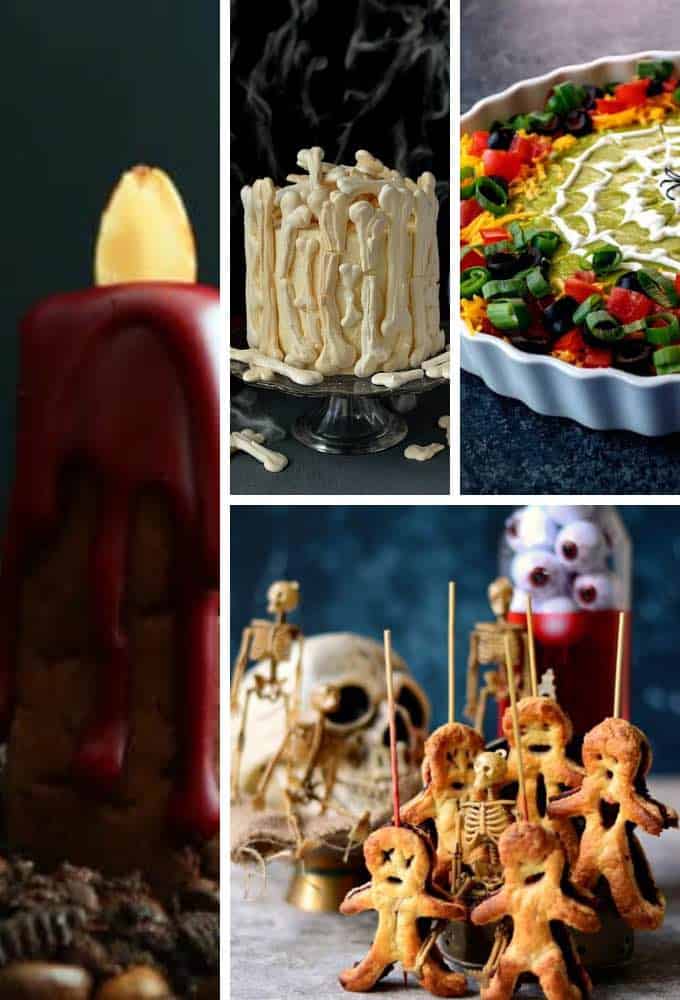 A collage of halloween treats including a bone cake, vegan pastry dolls and a spider layered dip. 