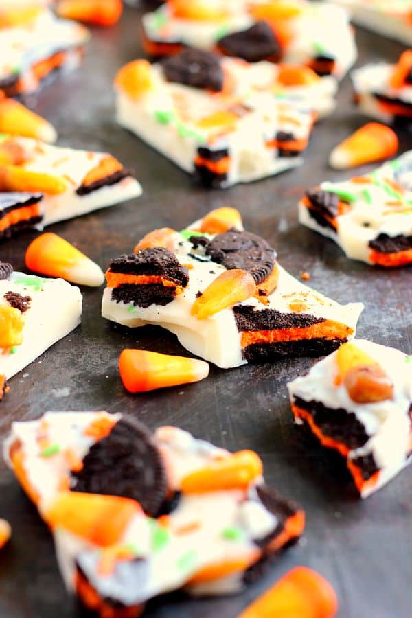 White chocolate boo bark a halloween dessert on a plate.