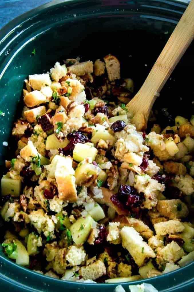 Apple and cranberry stuffing in a crockpot. 