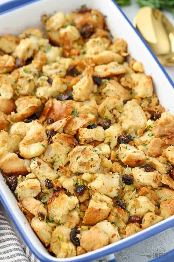 Fig Apple Stuffing in a large white glass baking dish. 