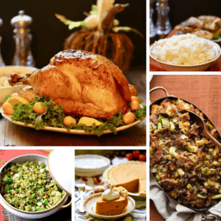 Thanksgiving recipe photos including turkey, stuffing and mashed potatoes.