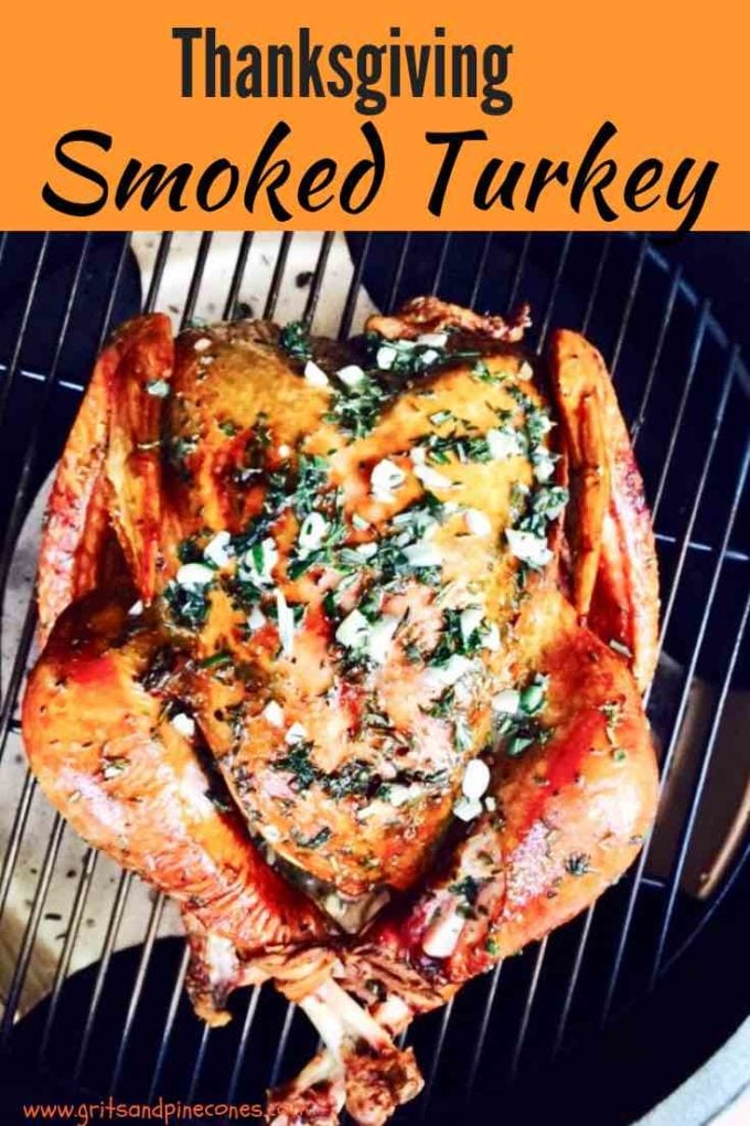 Fresh herbs and garlic come together to produce a tender and juicy smoked turkey for Thanksgiving that is absolutely amazing. Smoking a whole turkey is much easier than you think, and in addition to the smoked turkey recipe, I've included simple instructions for how to dry brine a turkey too! Smoking gives the turkey a deep golden brown color and the meat is moist and tender. #thanksgiving, #turkeyrecipes, #smoked turkey, #thanksgivingrecipes