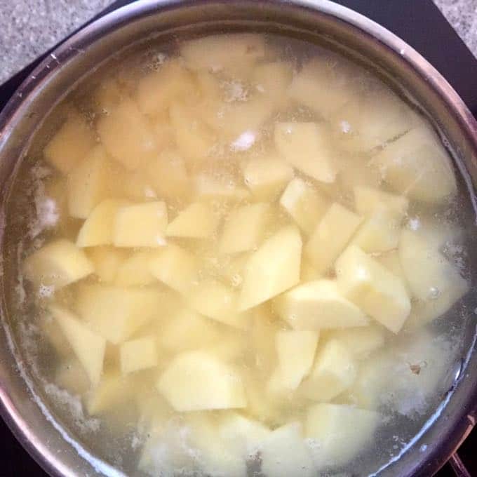 Boiling the potatoes for Pancetta and Rosemary Mashed Potatoes