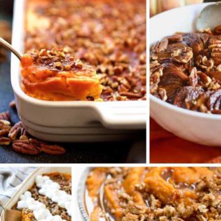 Four images of sweet potato casseroles for Thanksgiving.
