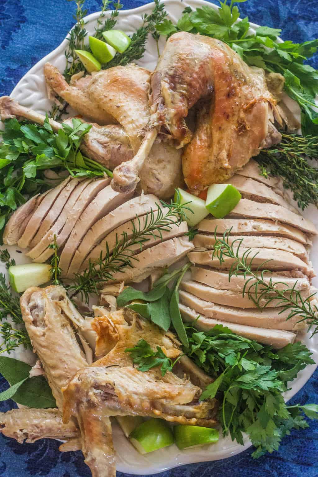 A large platter full of turkey pieces as well as sliced turkey.