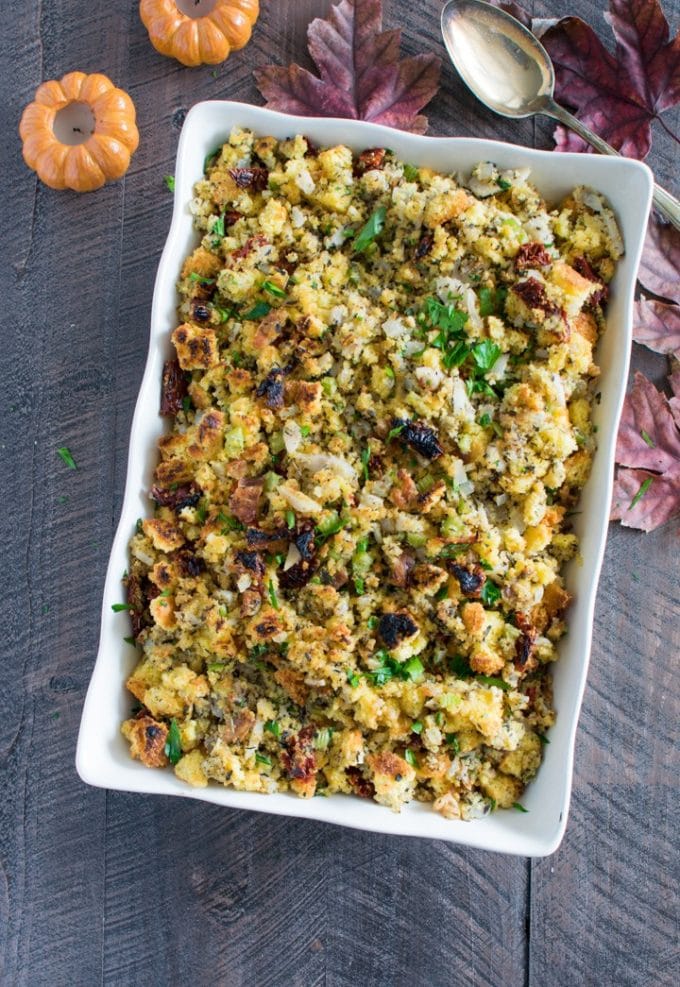 Cornbread Stuffing in a white serving dish.