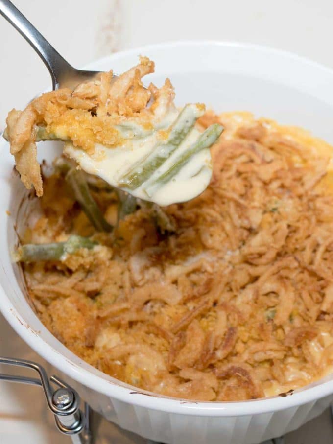 Green Bean casserole in a white serving dish