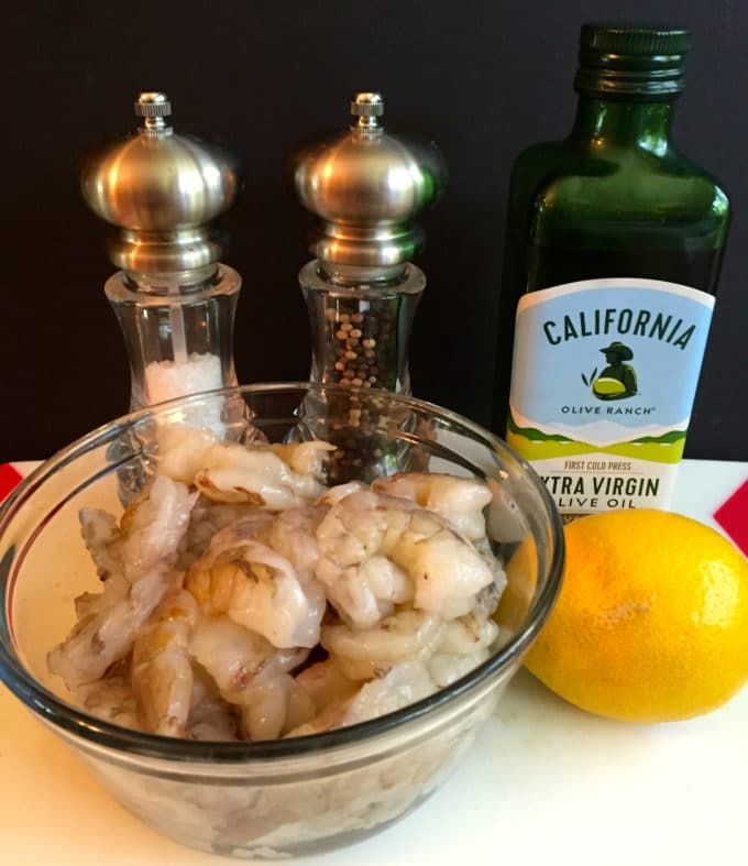 Easy Ten Minute Roasted Shrimp ingredients which are shrimp, lemon juice and olive oil