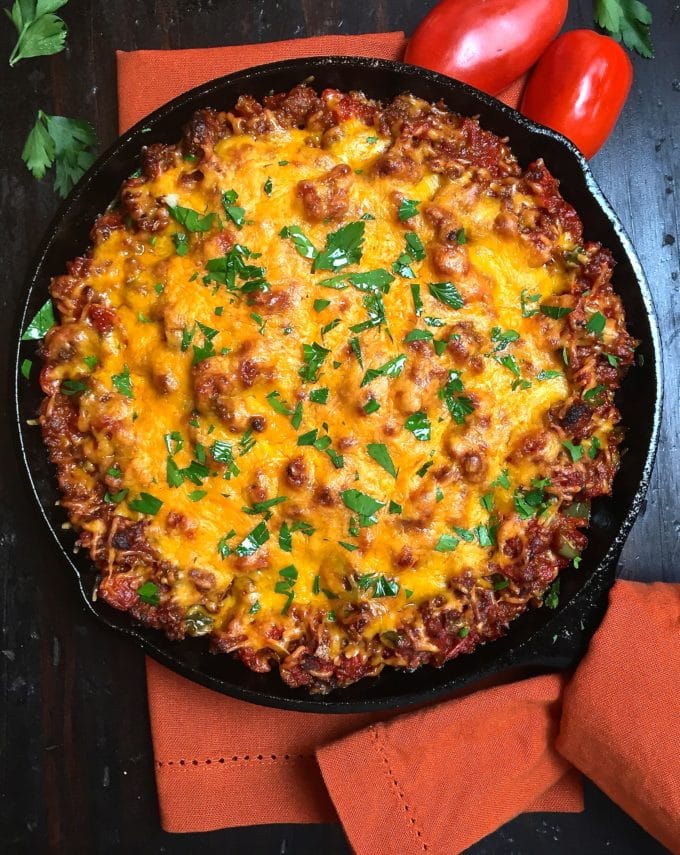 Beef and Tomato Skillet with Polenta in a cast iron skillet