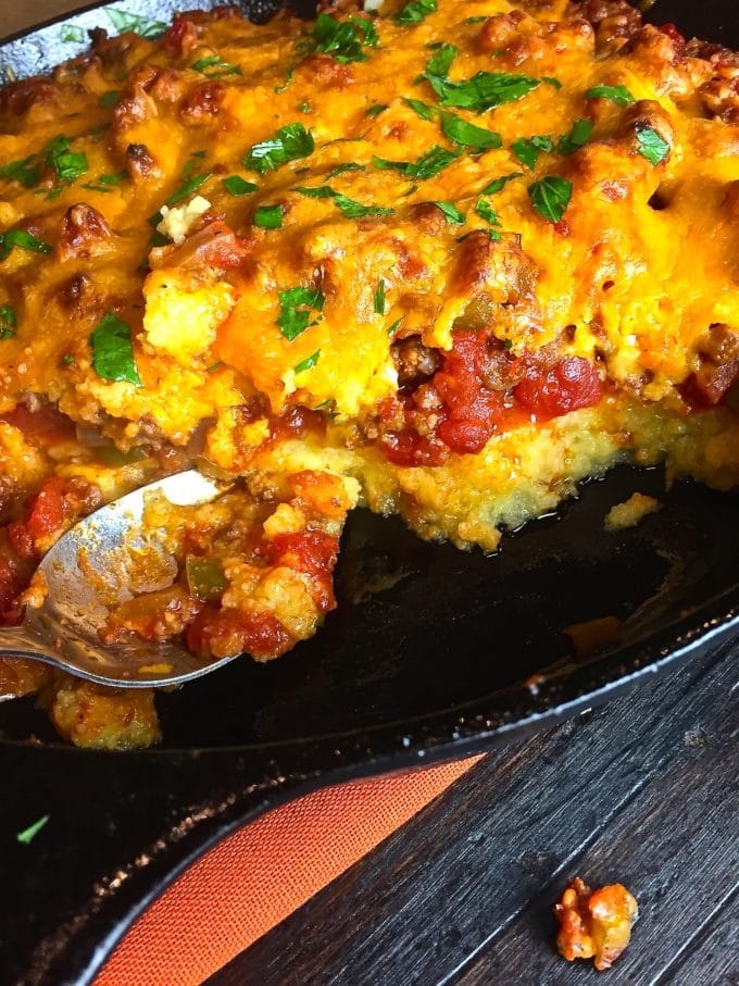 A large serving of Beef and Tomato Skillet with Polenta