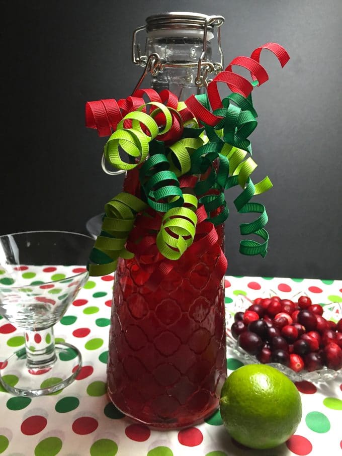 Cranberry Infused Vodka in a decorative bottle and tied with ribbons. 