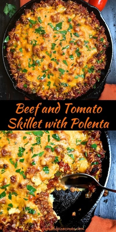 Beef and Tomato Skillet with Polenta is an easy one-skillet meal full of juicy ground chuck, cheese, and tomatoes baked on top of the creamiest polenta imaginable. It's a winner, winner, ground beef dinner!