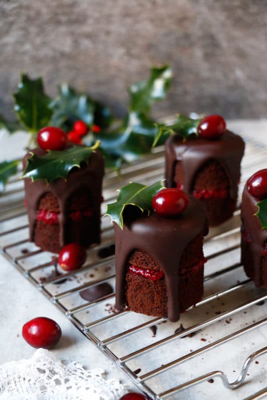 Chocolate mini cakes topped with chocolate and fresh cranberries on a metal baking rack. 