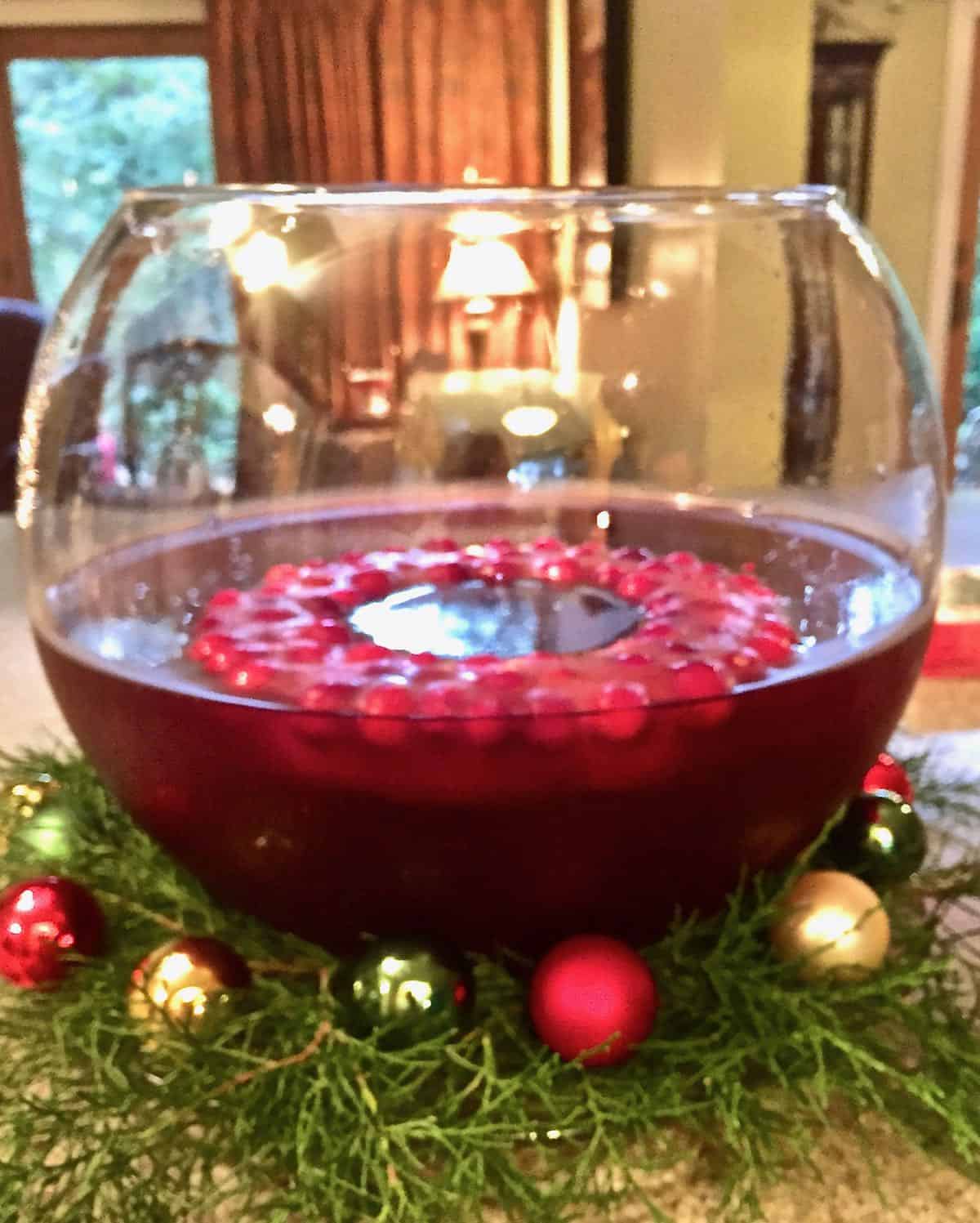 Christmas punch in a glass punch bowl. 