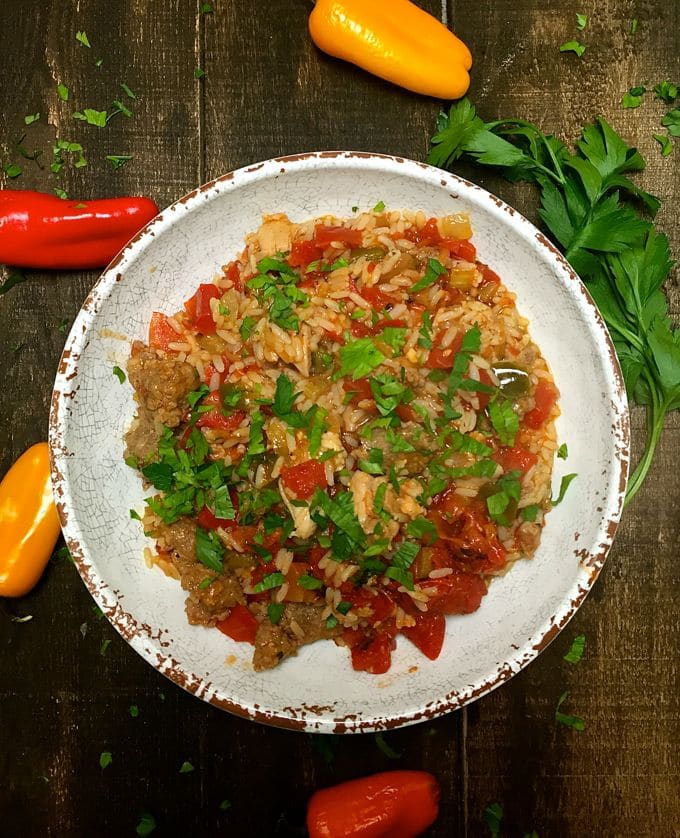 Easy Chicken and Sausage Jambalaya Grits and Pinecones