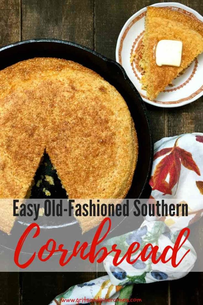 Moist Old Fashioned Southern Cornbread made from scratch in a cast iron skillet with buttermilk is a true Southern staple and an easy gluten-free recipe! #cornbread, #sidedish, #bread, #comfortfood, #dinner, #dinnerrecipes, #dinner, #easyrecipes