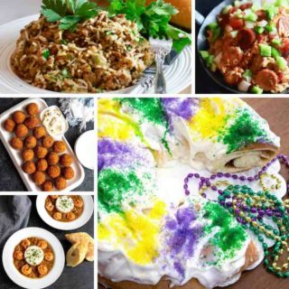 Five photos of Mardi Gras dishes including king cake, dirty rice and jambalaya.
