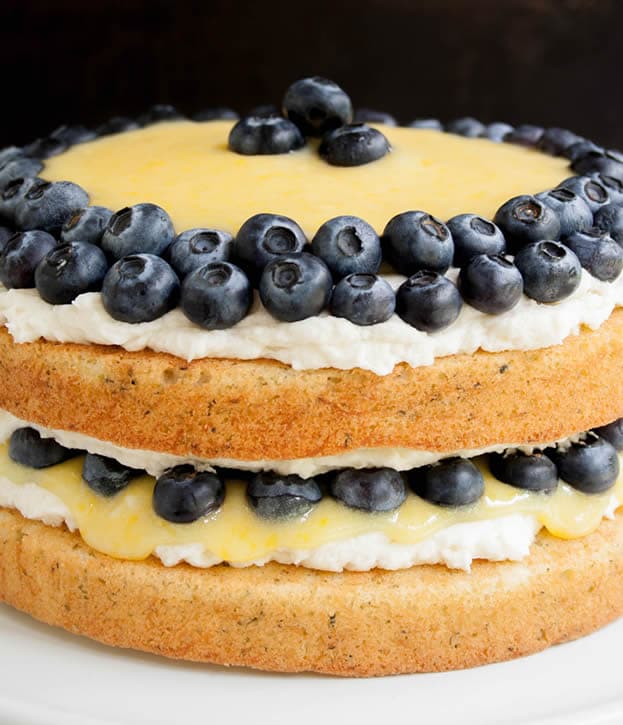 A two layer white cake topped with whipped cream and blueberries. 