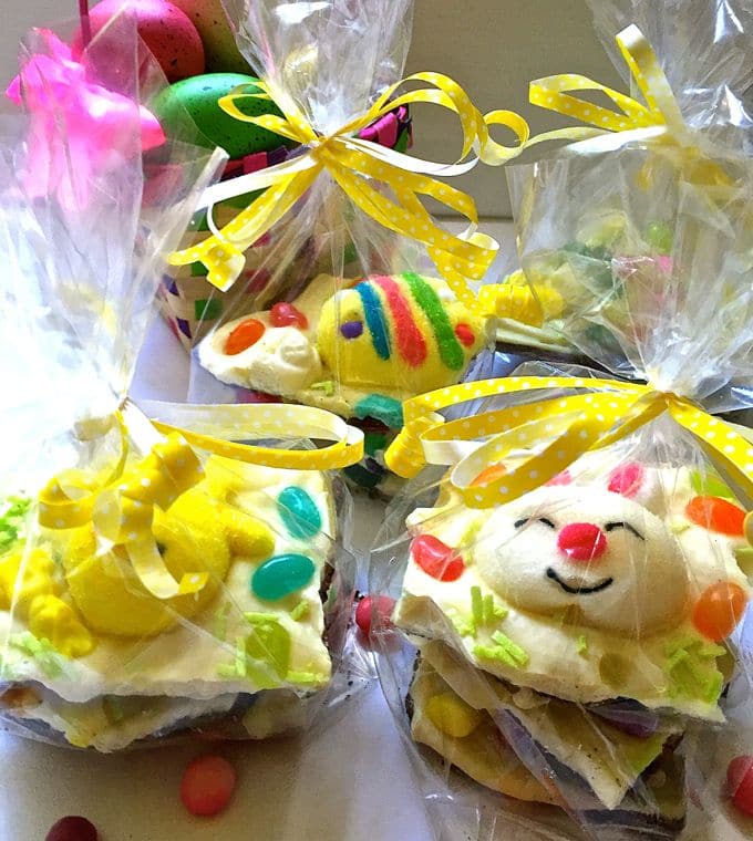 Small clear cellophane gift bags with Easter candy. 