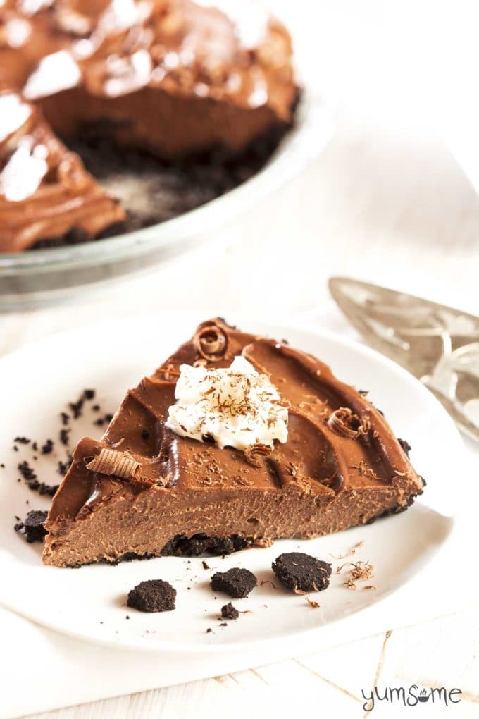 A piece of chocolate pie on a plate. 