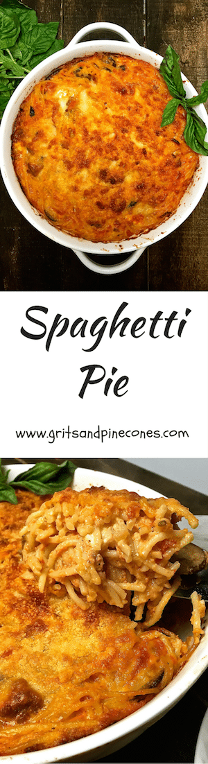 Spaghetti Pie is spaghetti, Italian sausage, mushrooms, black olives, and a rich tomato sauce with fontina, feta, and Parmesan cheese!